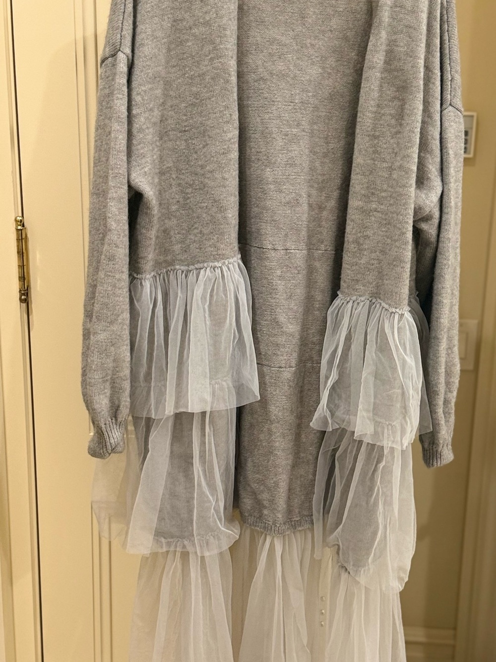 Light Gray Open-Front Cardigan with Tulle Tiered Hem - Picture 2 of 3